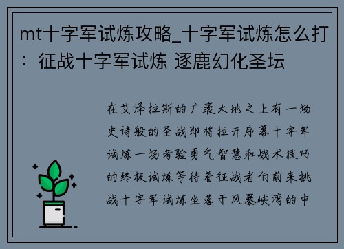 mt十字军试炼攻略_十字军试炼怎么打：征战十字军试炼 逐鹿幻化圣坛